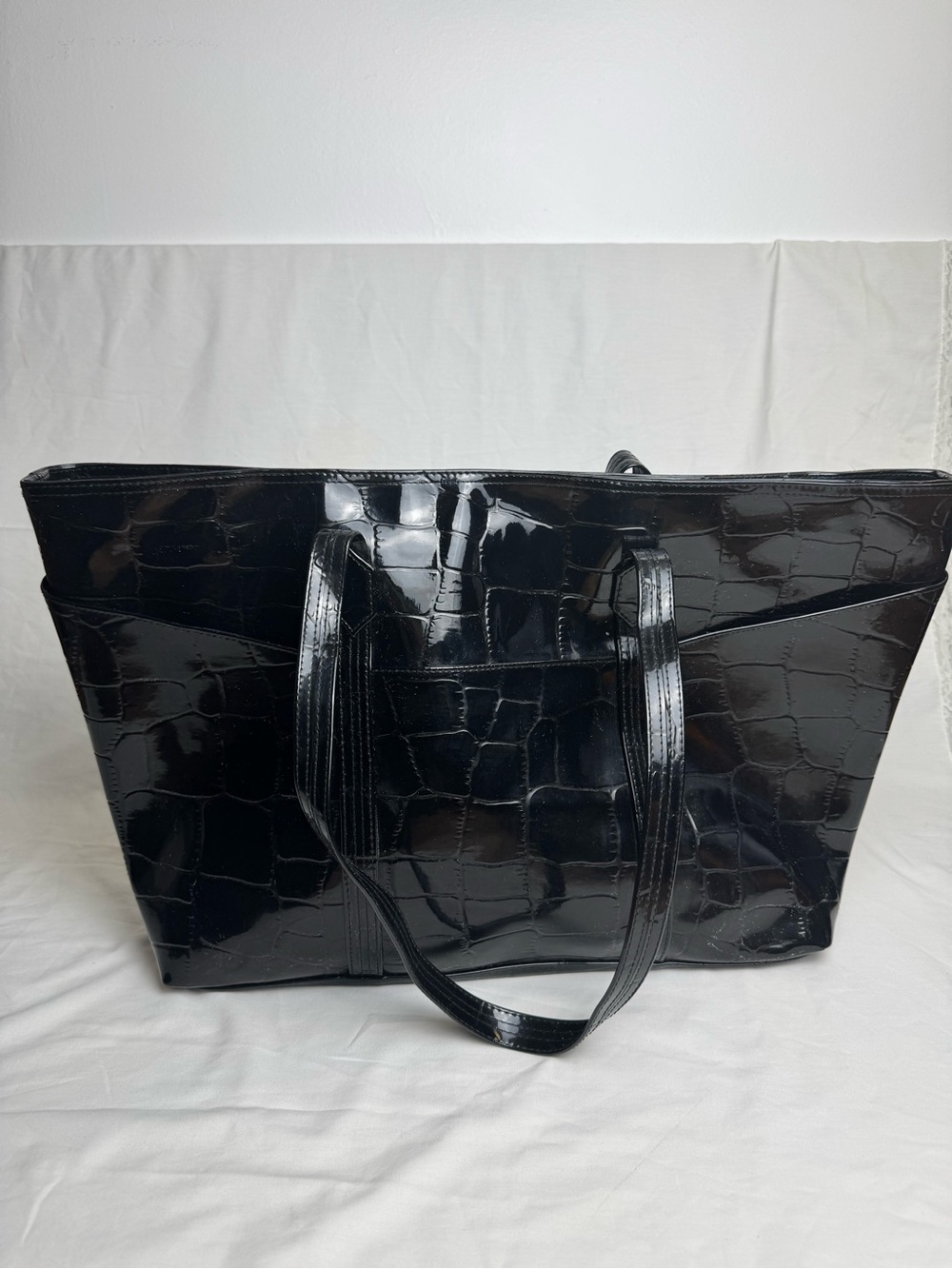 DL International Black Patent Croc Embossed Large Tote Shoulder Bag 22x13x4